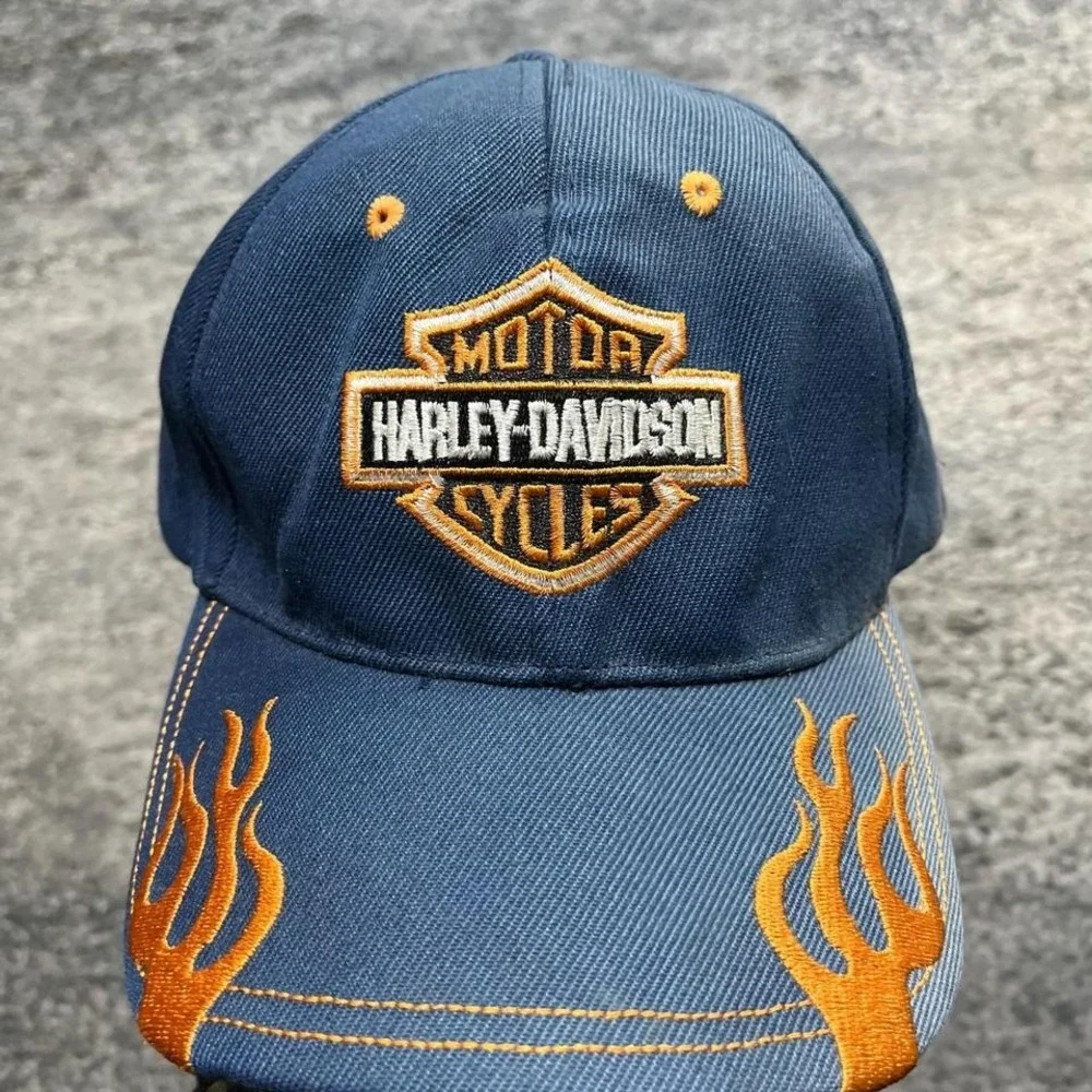 Vintage‎ Harley Davidson Hat Embroidered Flames Y2K Grunge Bike Blue Orange